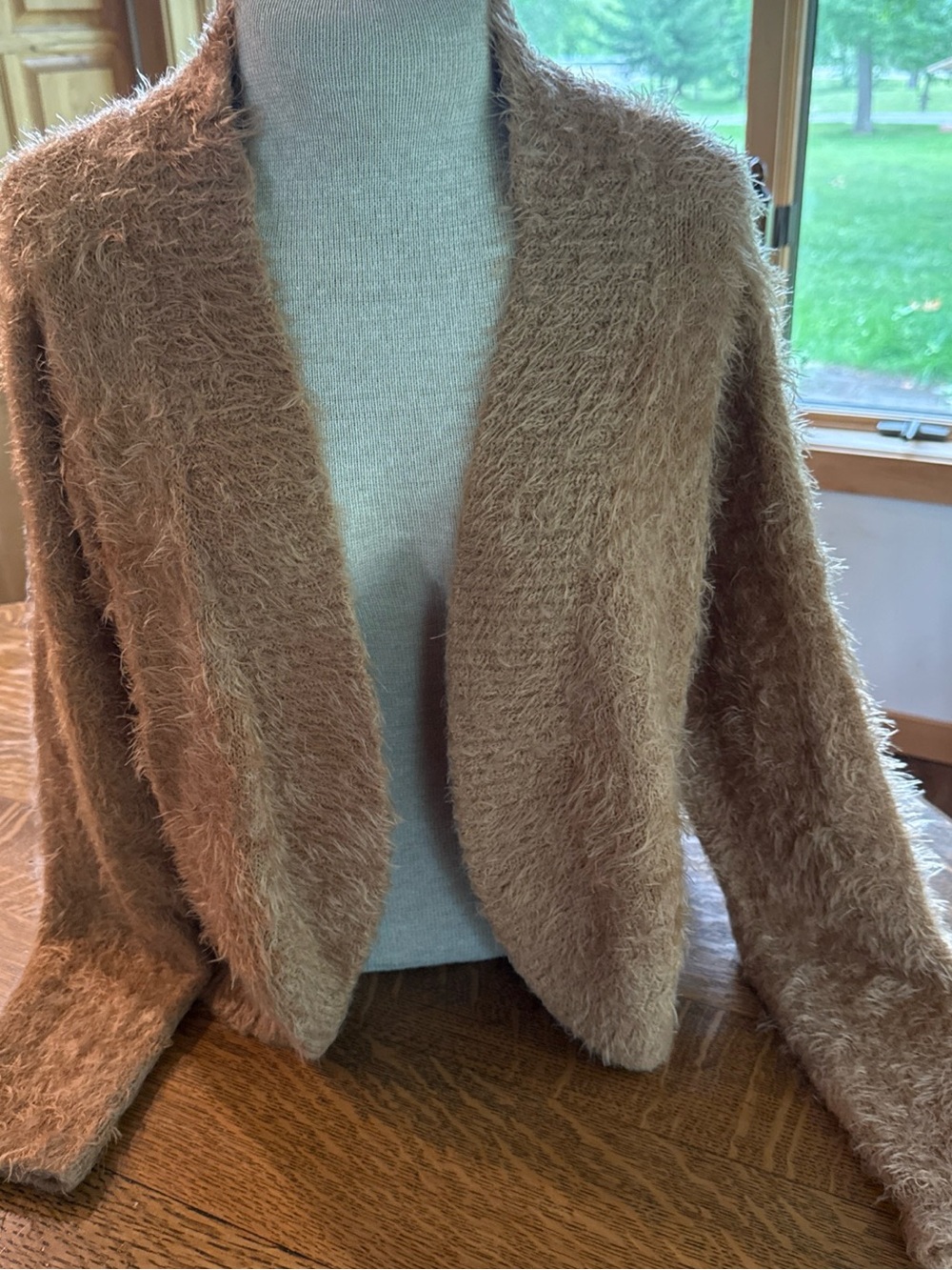 LOGO by Lori Goldstein Fuzzy Open-Front Cardigan in Camel Brown